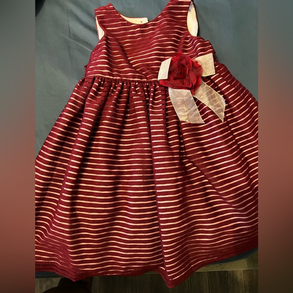 Red and Ivory Striped Little girl Dress with Floral Accent